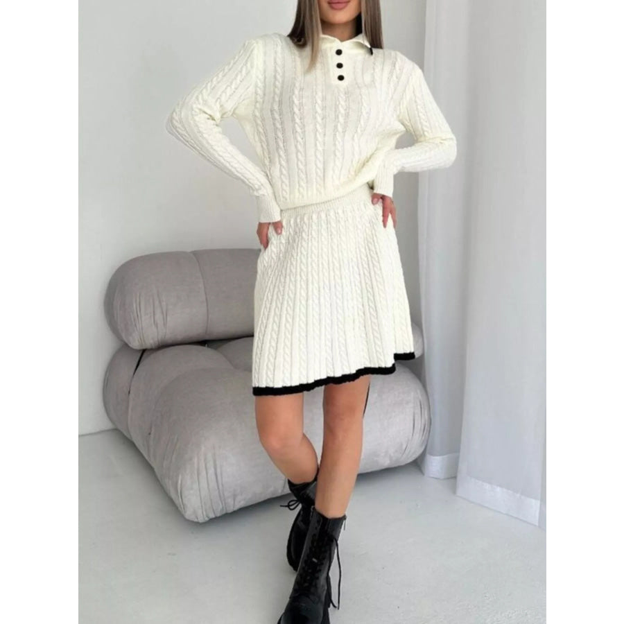 Cable Knit Long Sleeve Top and Skirt Sweater Set White / S Apparel and Accessories