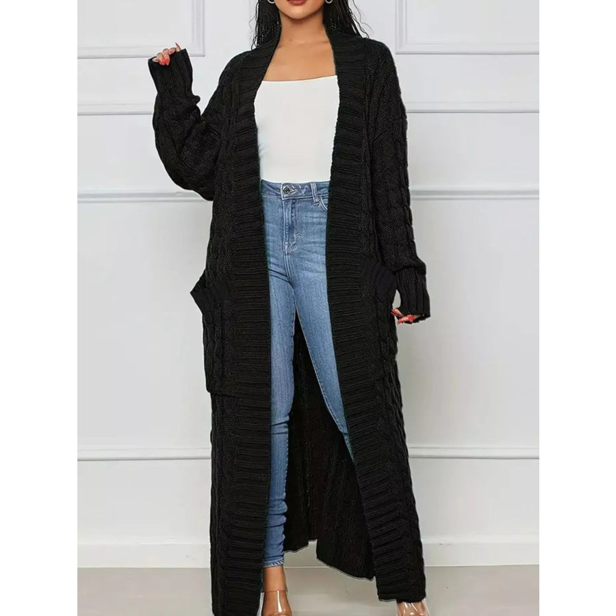 Cable Knit Longline Sweater Cardigan with Pockets Black / S Apparel and Accessories