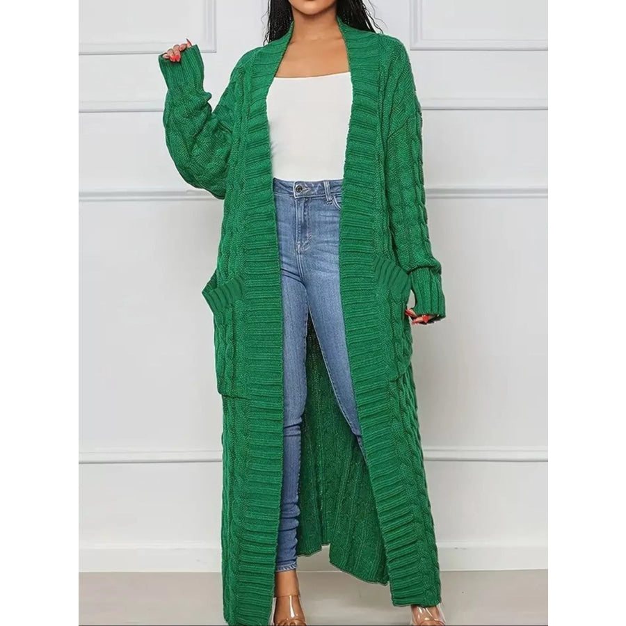 Cable Knit Longline Sweater Cardigan with Pockets Green / S Apparel and Accessories