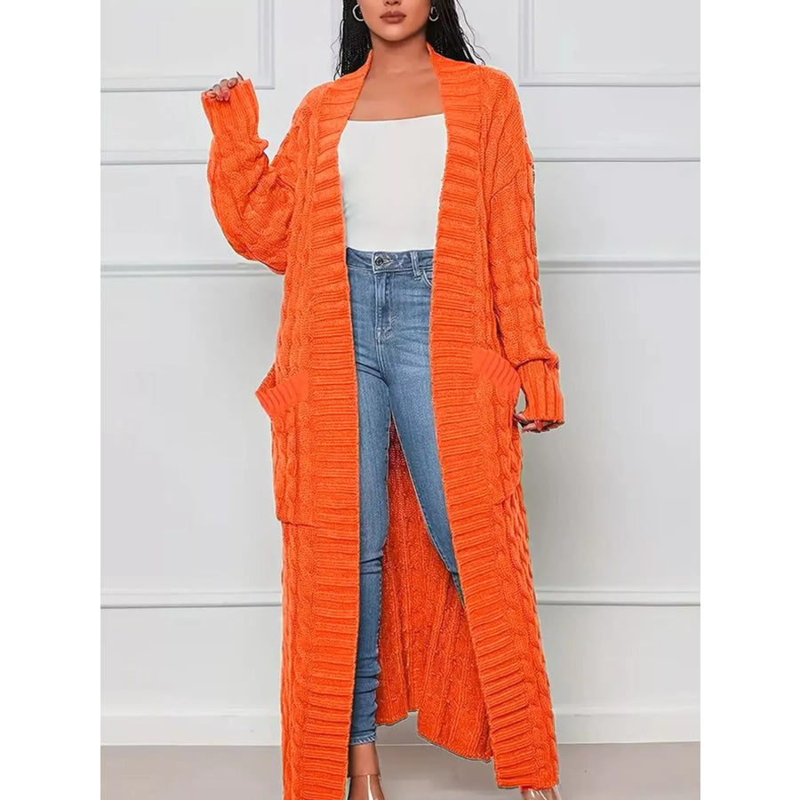Cable Knit Longline Sweater Cardigan with Pockets Orange Red / S Apparel and Accessories