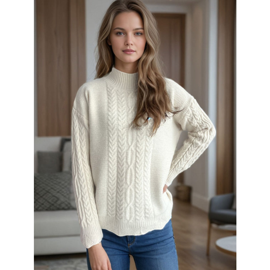 Cable-Knit Mock Neck Dropped Shoulder Sweater Apparel and Accessories