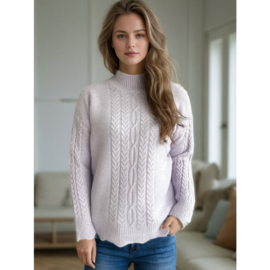 Cable-Knit Mock Neck Dropped Shoulder Sweater Apparel and Accessories