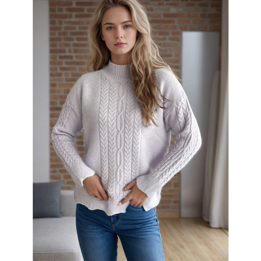 Cable-Knit Mock Neck Dropped Shoulder Sweater Apparel and Accessories