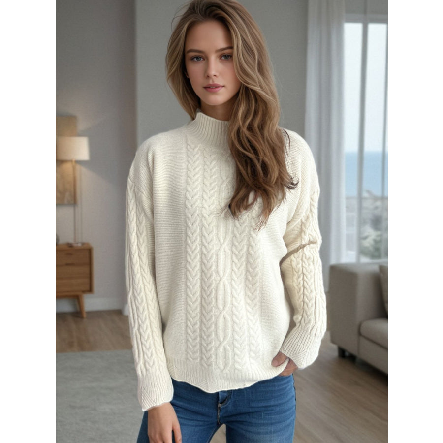 Cable-Knit Mock Neck Dropped Shoulder Sweater Apparel and Accessories