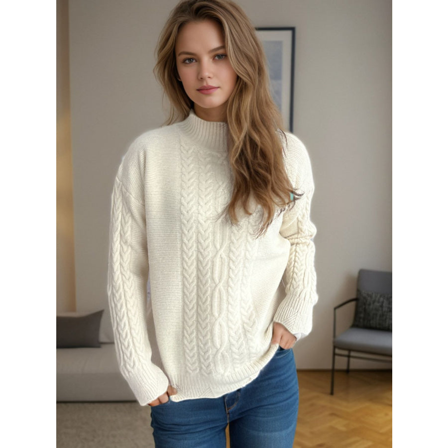 Cable-Knit Mock Neck Dropped Shoulder Sweater Cream / One Size Apparel and Accessories