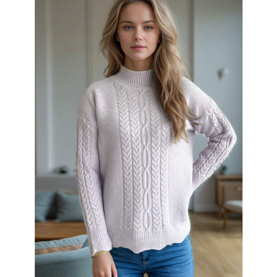 Cable-Knit Mock Neck Dropped Shoulder Sweater Pink Purple / One Size Apparel and Accessories