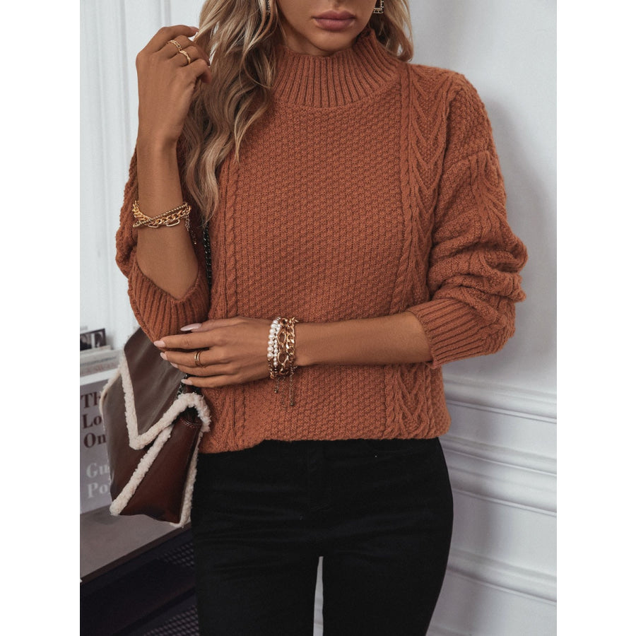 Cable-Knit Mock Neck Long Sleeve Sweater Apparel and Accessories