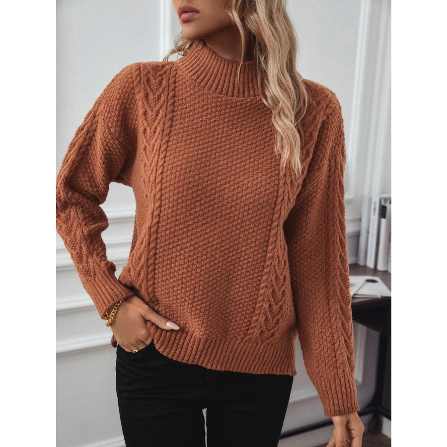 Cable-Knit Mock Neck Long Sleeve Sweater Caramel / S Apparel and Accessories