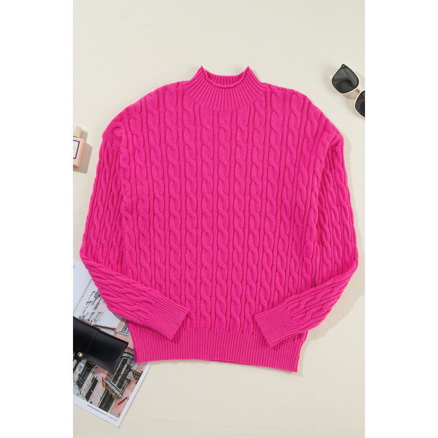 Cable-Knit Mock Neck Long Sleeve Sweater Hot Pink / S Apparel and Accessories