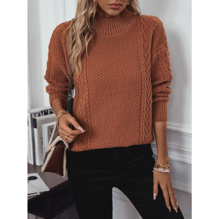 Cable-Knit Mock Neck Long Sleeve Sweater Apparel and Accessories