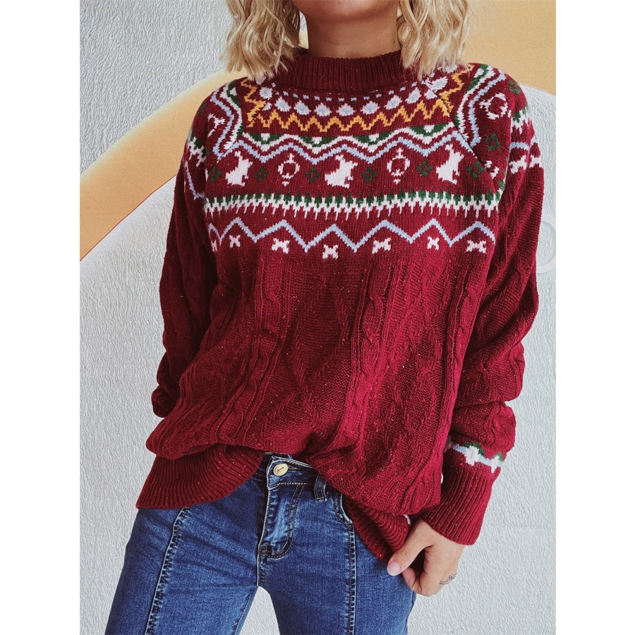 Cable-Knit Mock Neck Long Sleeve Sweater Burgundy / One Size Apparel and Accessories