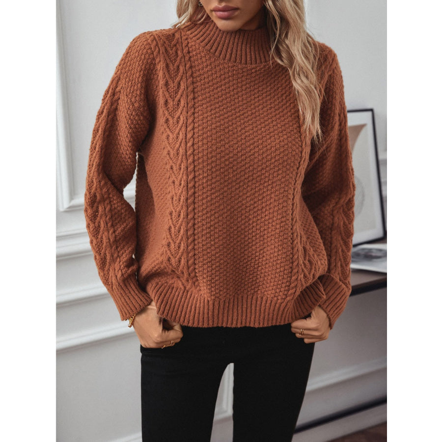 Cable-Knit Mock Neck Long Sleeve Sweater Caramel / S Apparel and Accessories