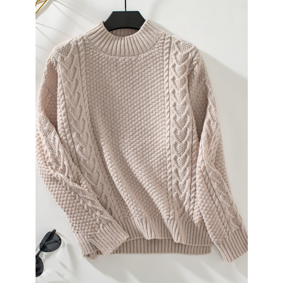 Cable-Knit Mock Neck Long Sleeve Sweater Dust Storm / S Apparel and Accessories