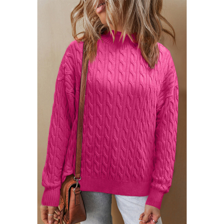 Cable-Knit Mock Neck Long Sleeve Sweater Hot Pink / S Apparel and Accessories