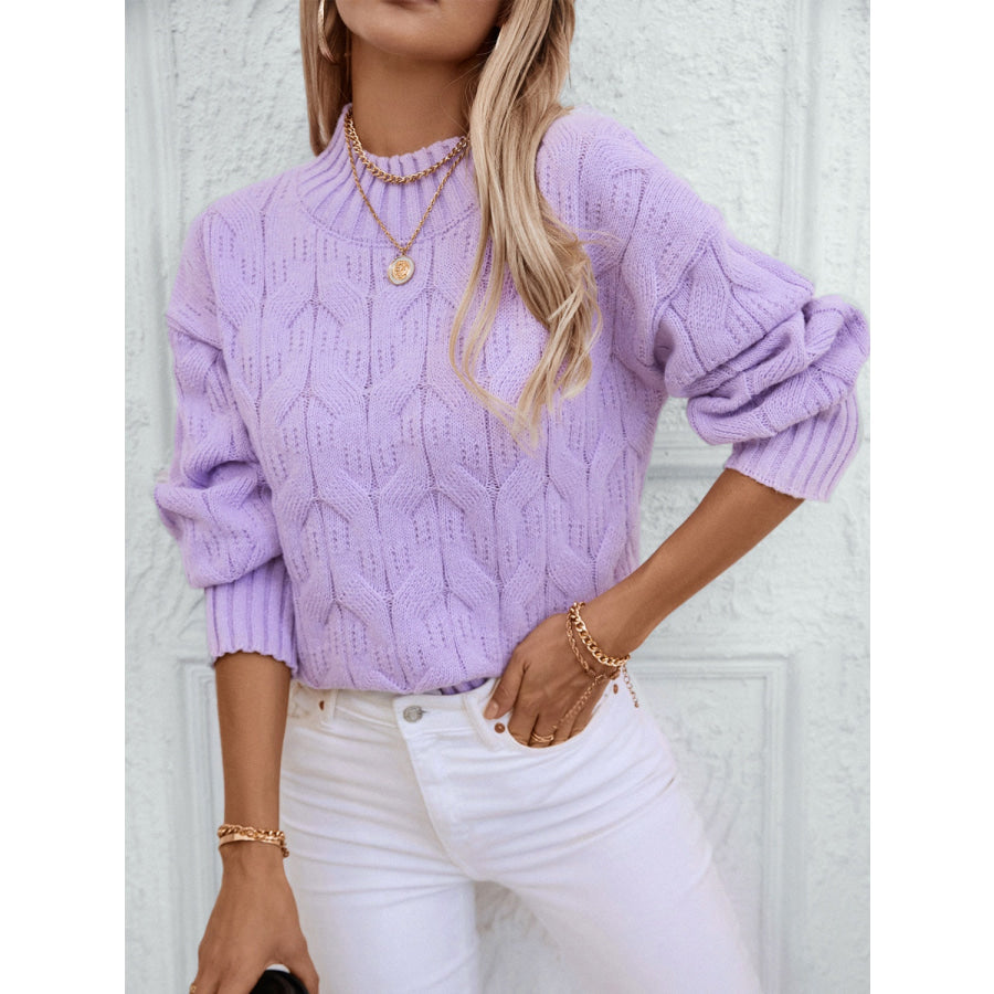 Cable Knit Mock Neck Long Sleeve Sweater Lavender / S Apparel and Accessories