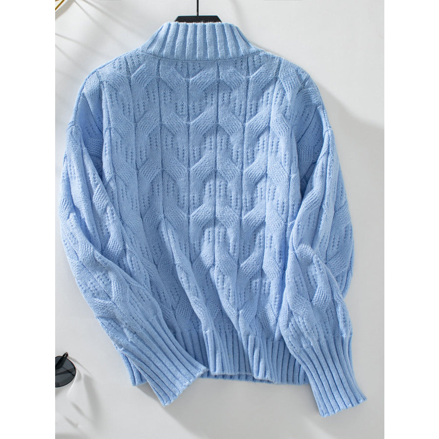 Cable Knit Mock Neck Long Sleeve Sweater Light Blue / S Apparel and Accessories