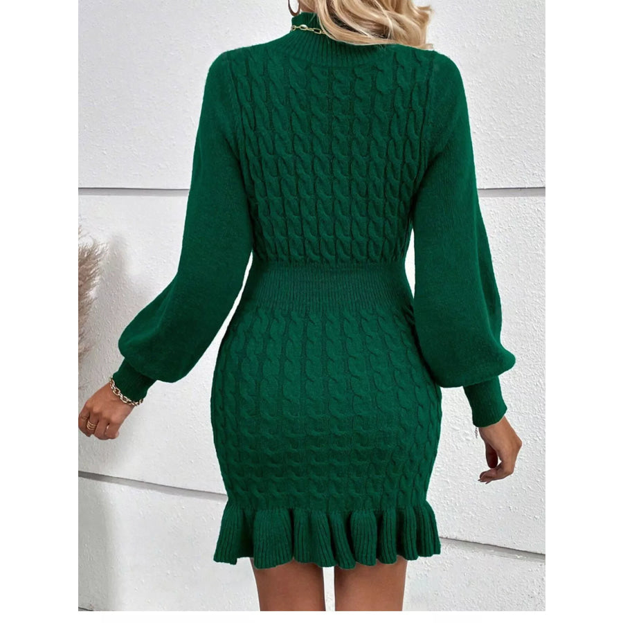 Cable Knit Mock Neck Ruffle Hem Sweater Dress Apparel and Accessories