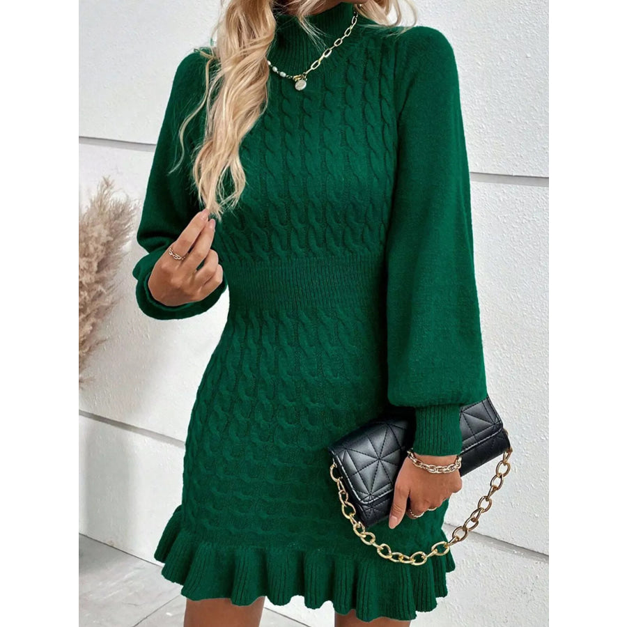 Cable Knit Mock Neck Ruffle Hem Sweater Dress Apparel and Accessories