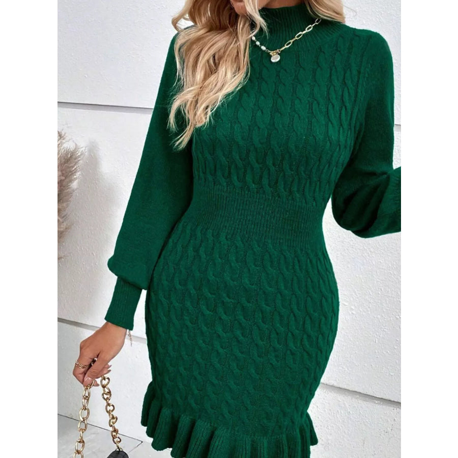 Cable Knit Mock Neck Ruffle Hem Sweater Dress Apparel and Accessories