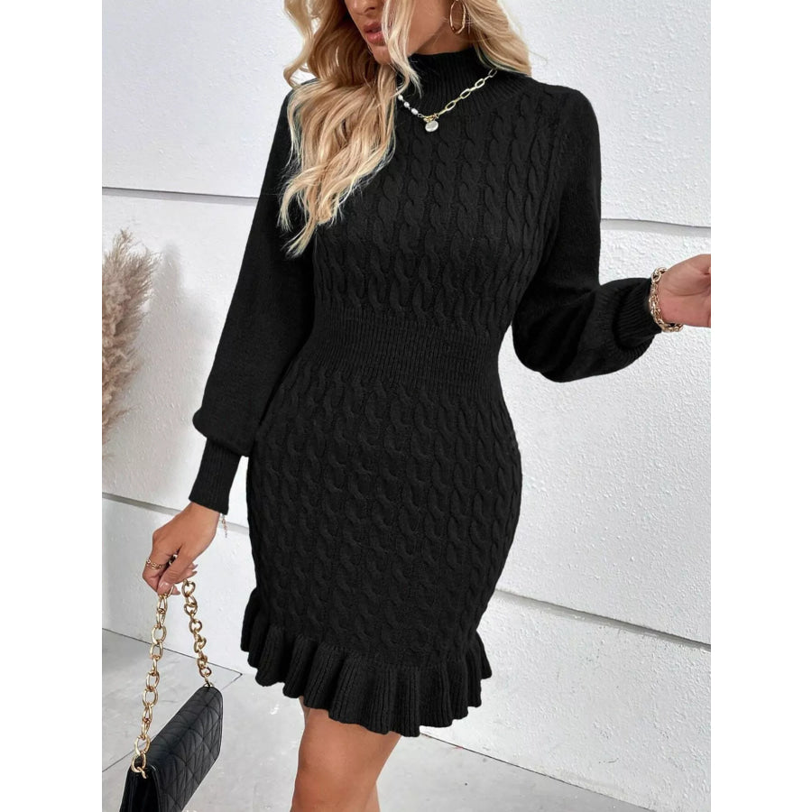 Cable Knit Mock Neck Ruffle Hem Sweater Dress Black / S Apparel and Accessories