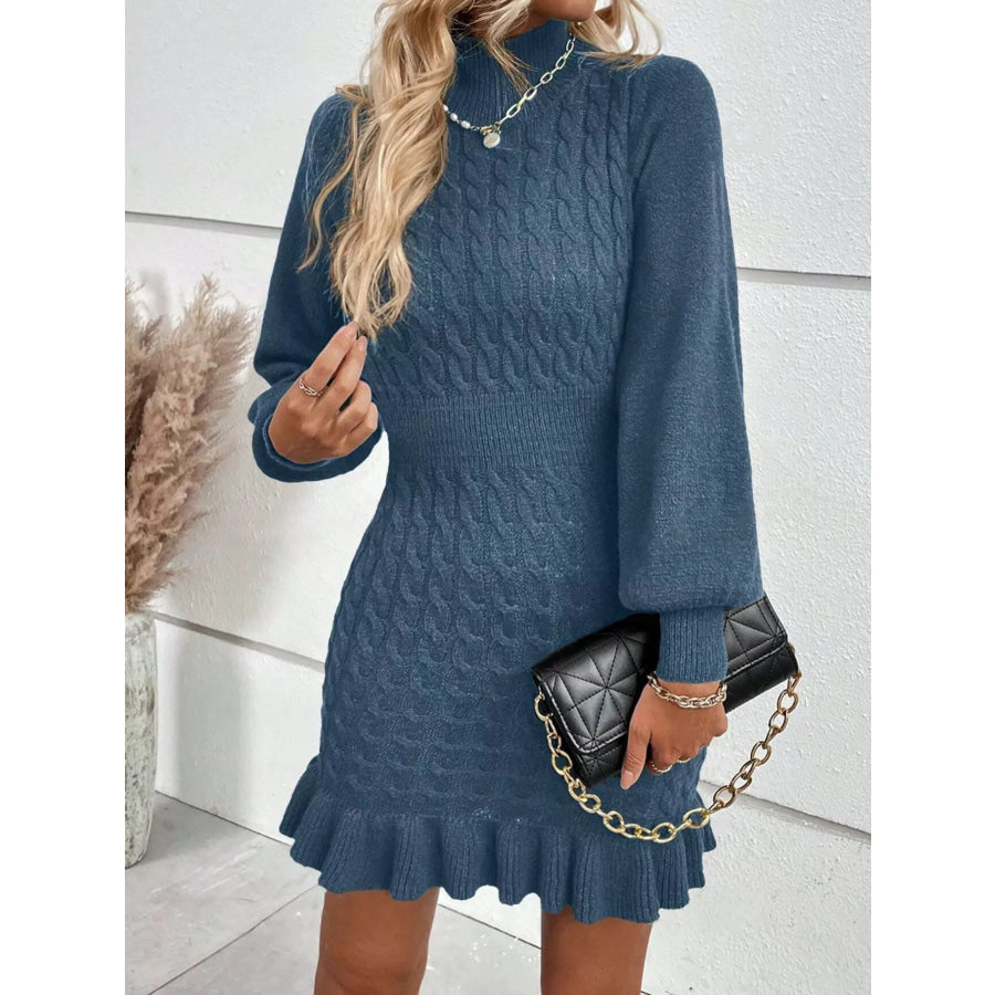 Cable Knit Mock Neck Ruffle Hem Sweater Dress Gray Blue / S Apparel and Accessories
