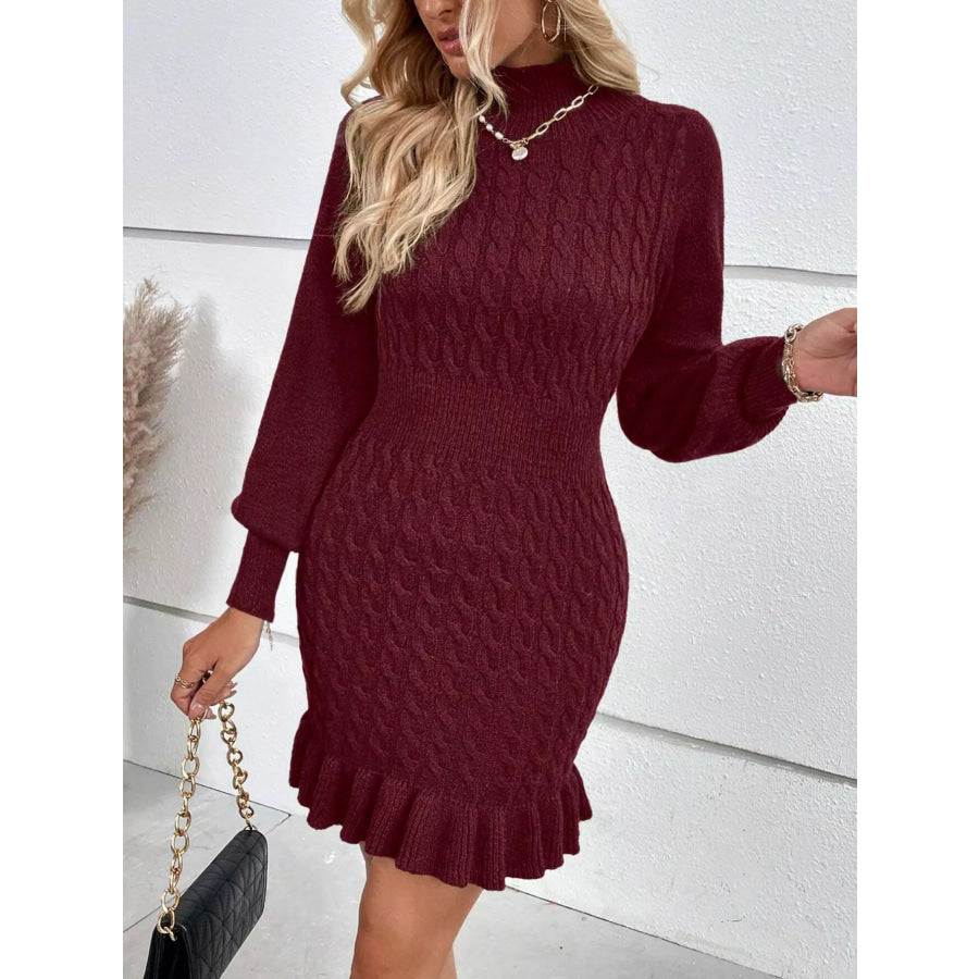 Cable Knit Mock Neck Ruffle Hem Sweater Dress Wine Red / S Apparel and Accessories