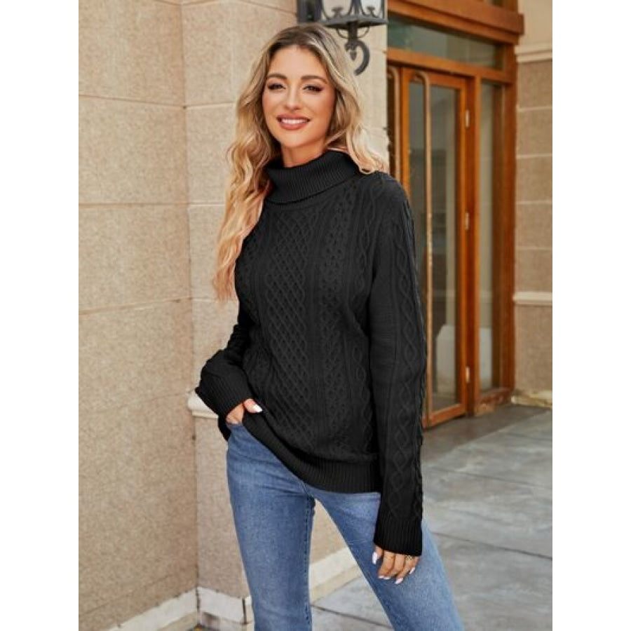 Cable-Knit Mock Neck Sweater Black / S Clothing