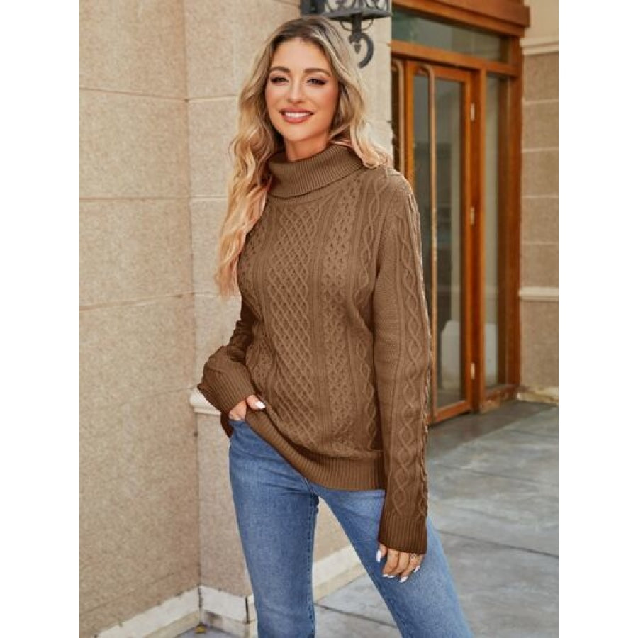 Cable-Knit Mock Neck Sweater Caramel / S Clothing