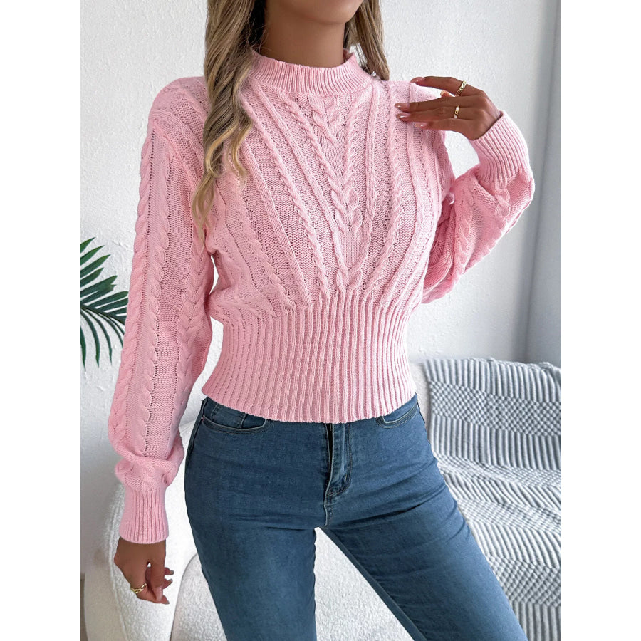 Cable Knit Mock Neck Sweater Pink / S Apparel and Accessories