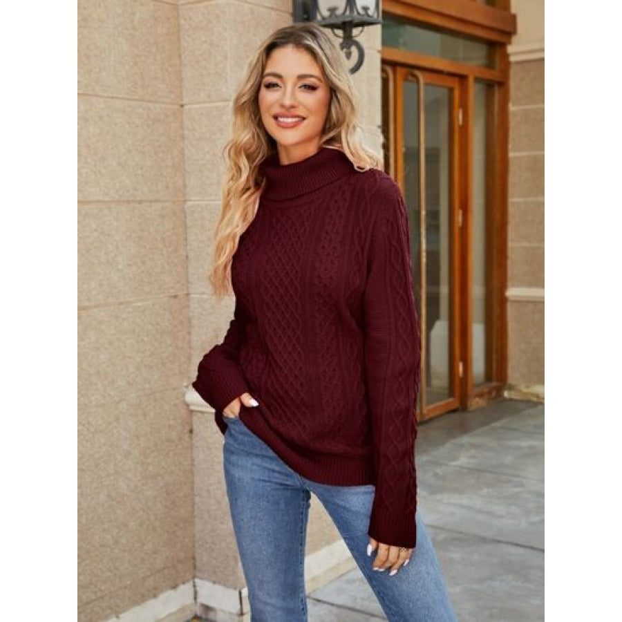 Cable-Knit Mock Neck Sweater Wine / S Clothing