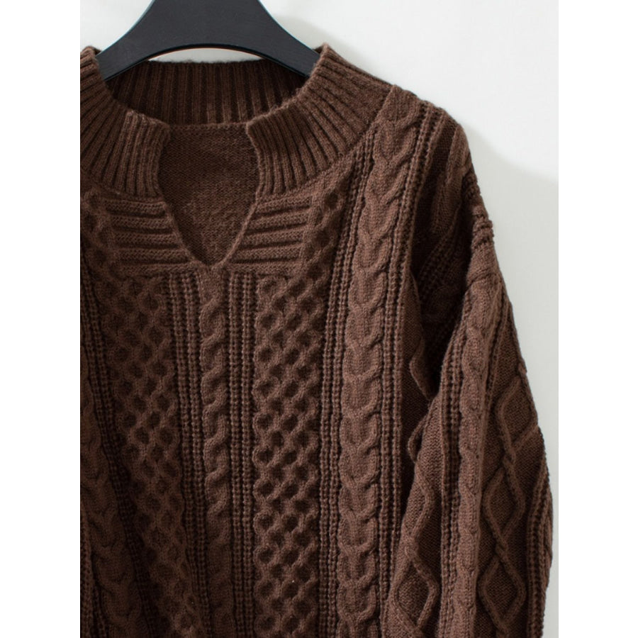 Cable-Knit Notched Long Sleeve Sweater Apparel and Accessories
