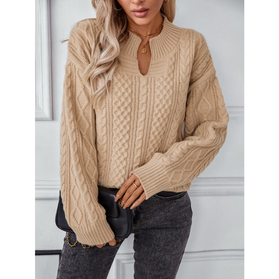 Cable-Knit Notched Long Sleeve Sweater Apparel and Accessories