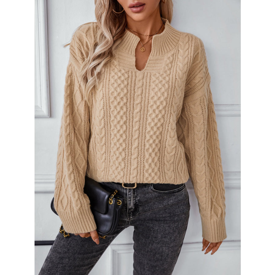 Cable-Knit Notched Long Sleeve Sweater Camel / S Apparel and Accessories