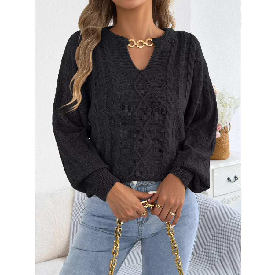 Cable Knit Notched Sweater Black / S Apparel and Accessories