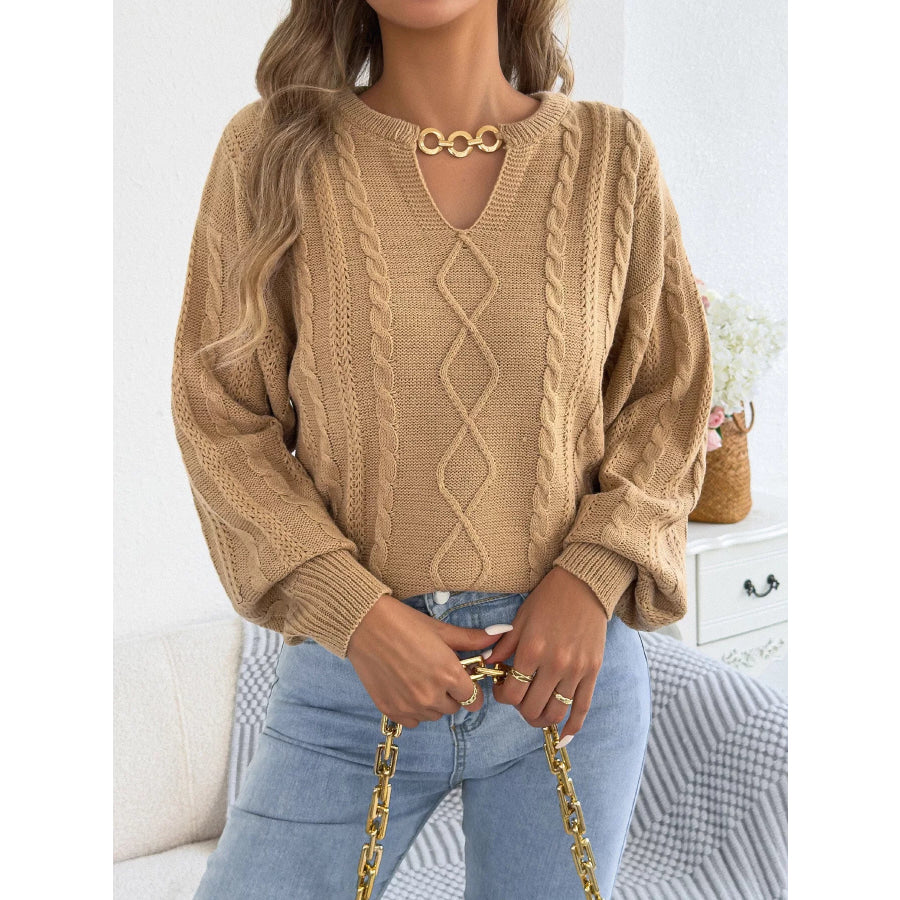 Cable Knit Notched Sweater Khaki / S Apparel and Accessories