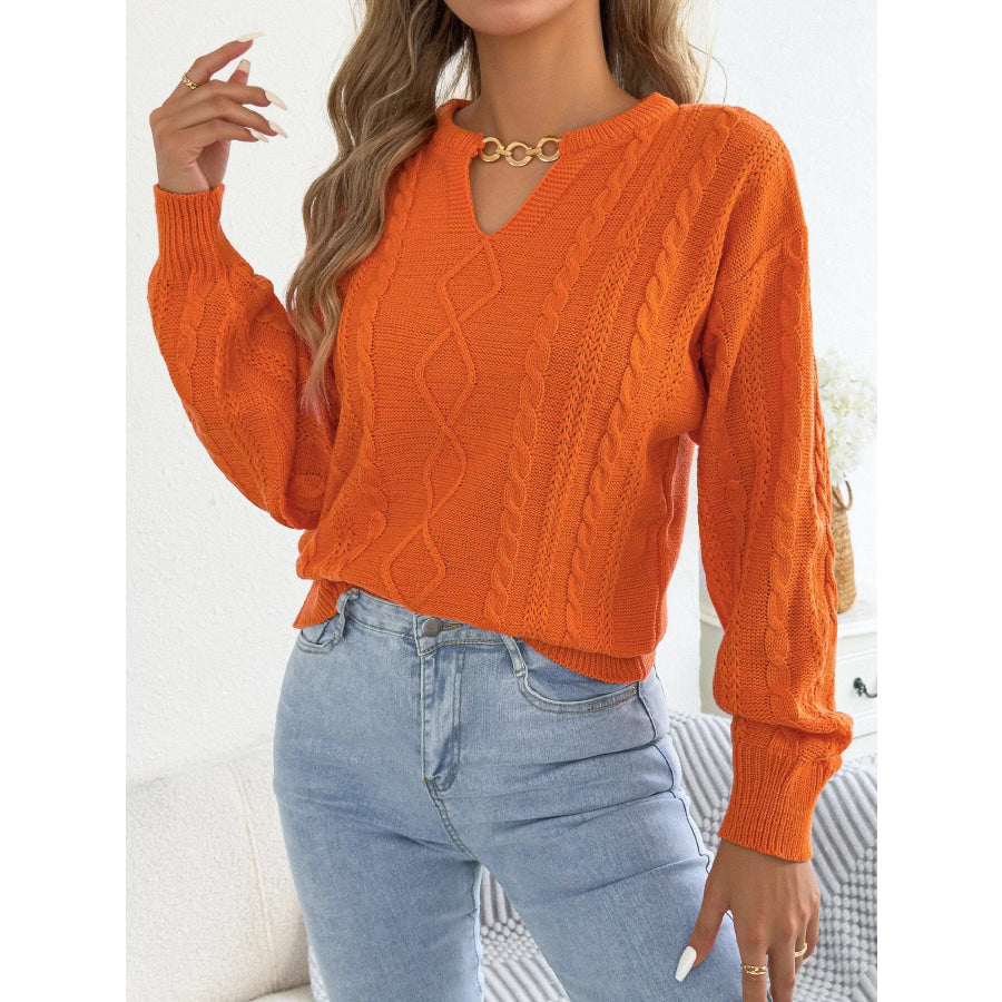 Cable Knit Notched Sweater Orange / S Apparel and Accessories