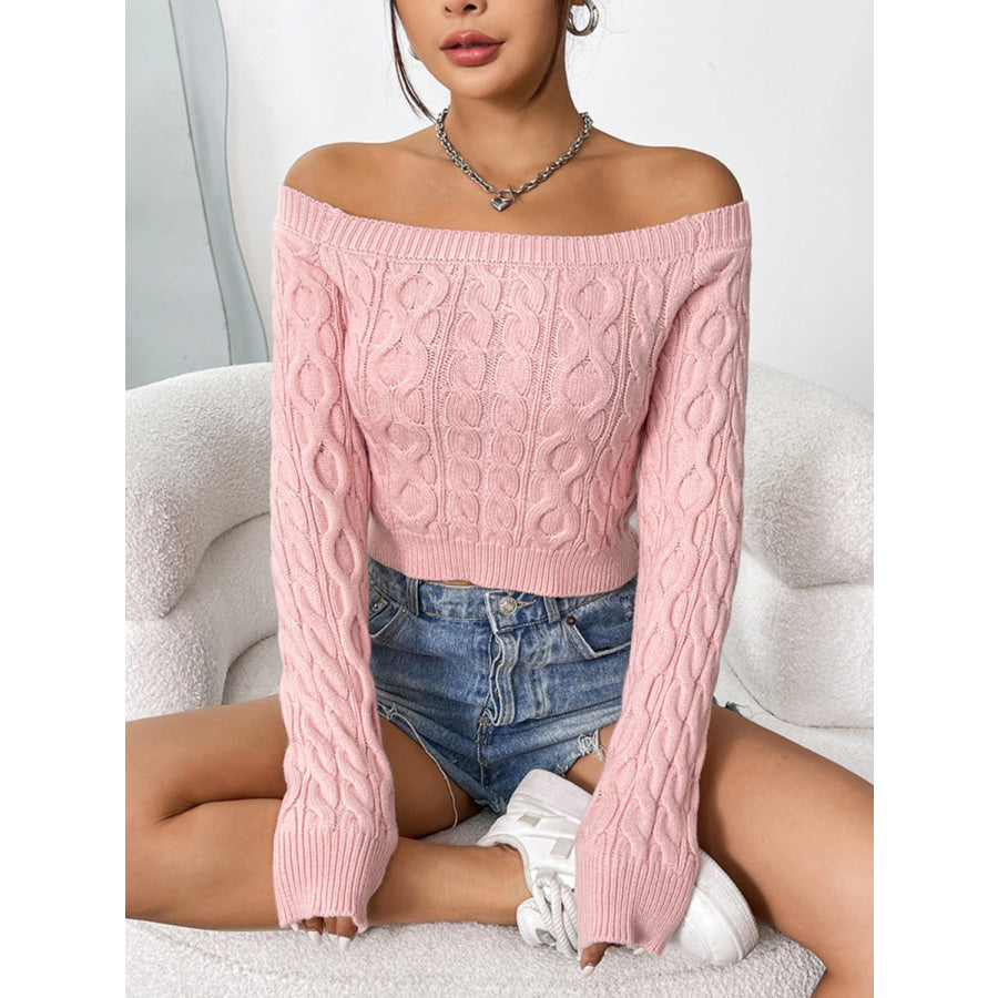 Cable-Knit Off-Shoulder Long Sleeve Knit Top Apparel and Accessories