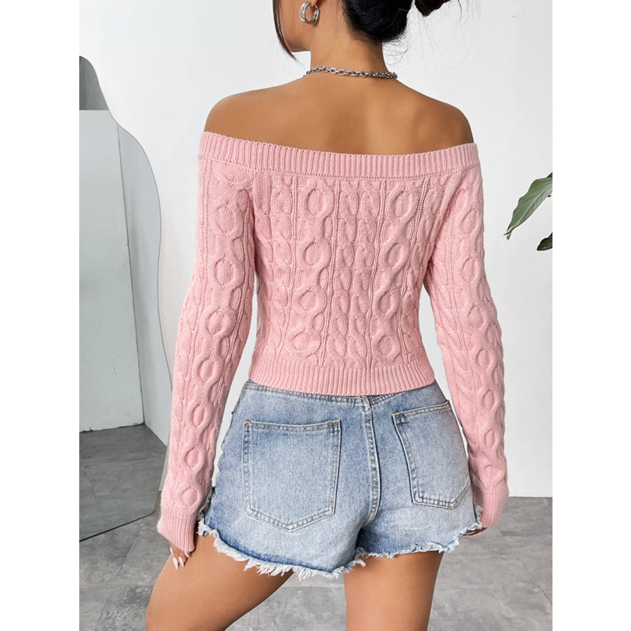 Cable-Knit Off-Shoulder Long Sleeve Knit Top Blush Pink / S Apparel and Accessories