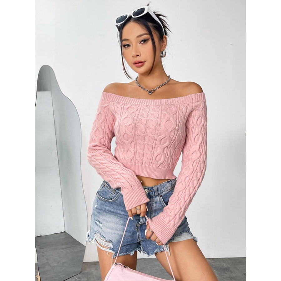 Cable-Knit Off-Shoulder Long Sleeve Knit Top Apparel and Accessories