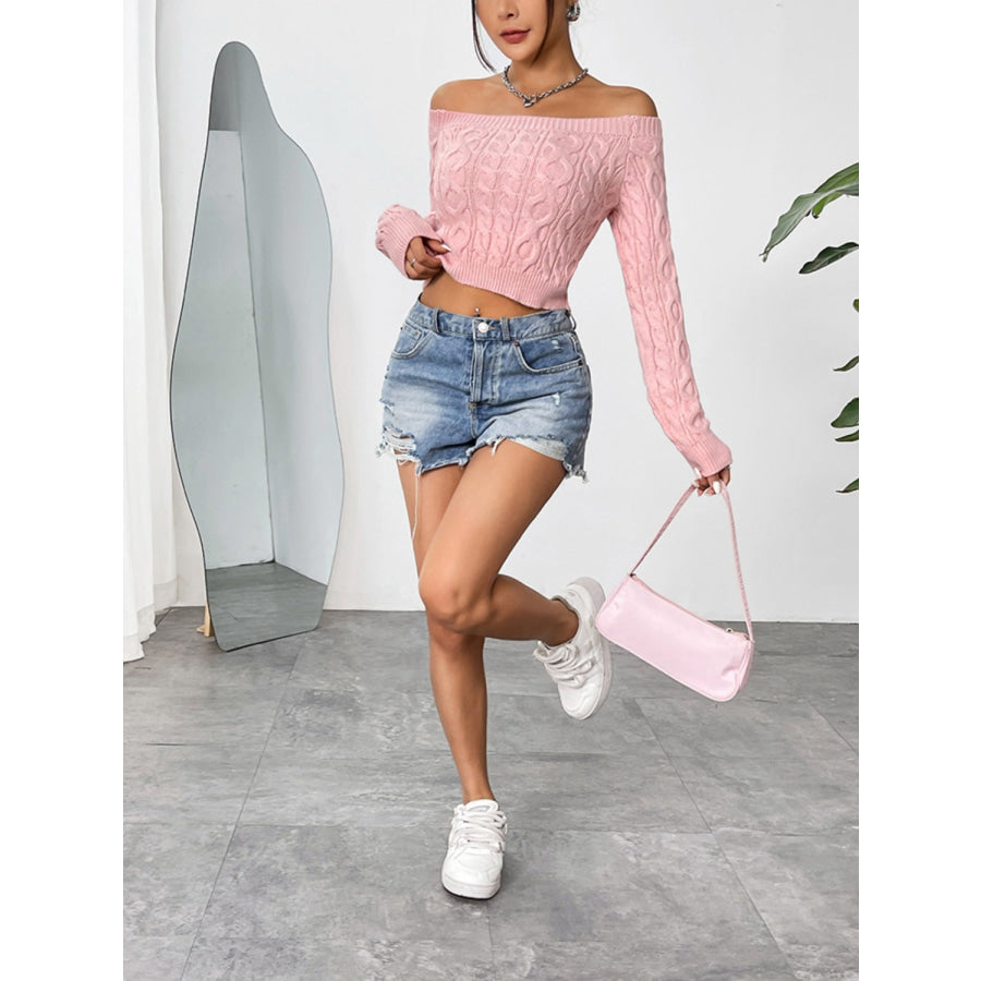 Cable-Knit Off-Shoulder Long Sleeve Knit Top Apparel and Accessories