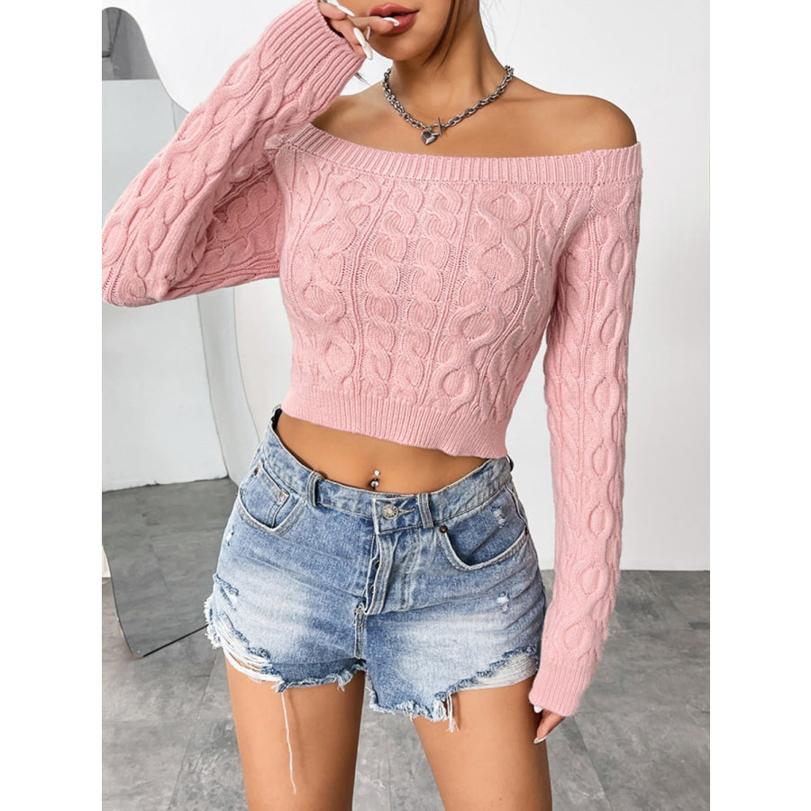 Cable-Knit Off-Shoulder Long Sleeve Knit Top Blush Pink / S Apparel and Accessories