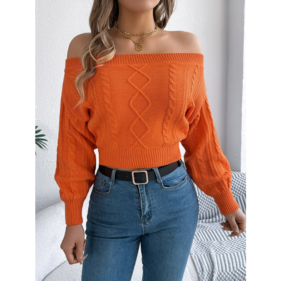 Cable Knit Off-Shoulder Long Sleeve Sweater Orange / S Apparel and Accessories