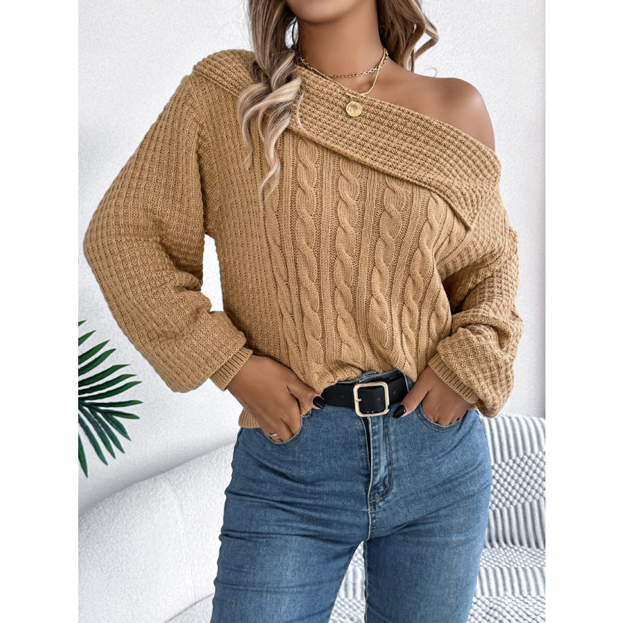 Cable-Knit One Shoulder Long Sleeve Sweater Camel / S Apparel and Accessories