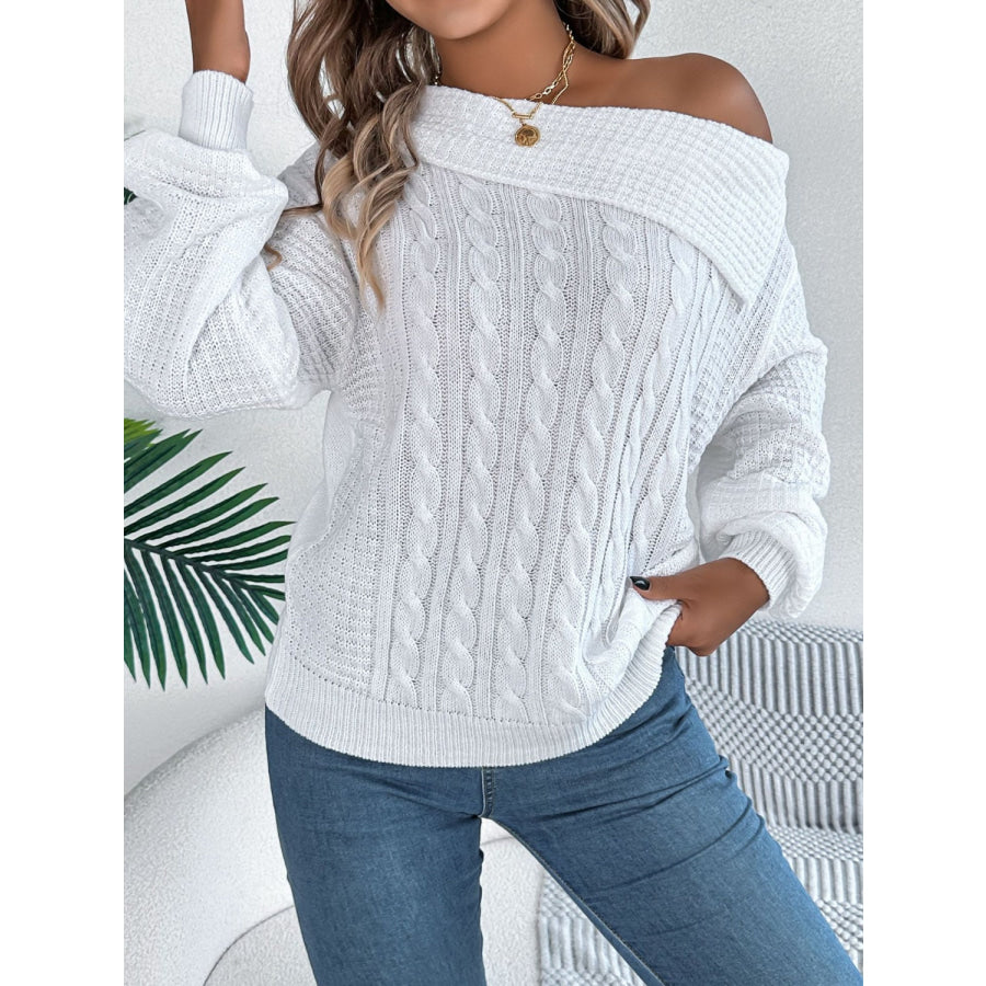 Cable-Knit One Shoulder Long Sleeve Sweater White / S Apparel and Accessories