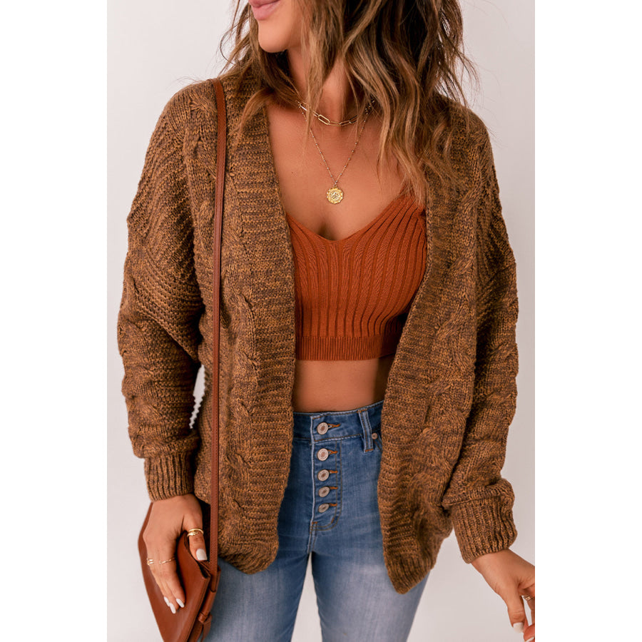 Cable-Knit Open Front Cardigan Brown / M Apparel and Accessories