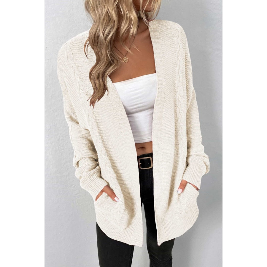 Cable-Knit Open Front Cardigan with Pockets Beige / S