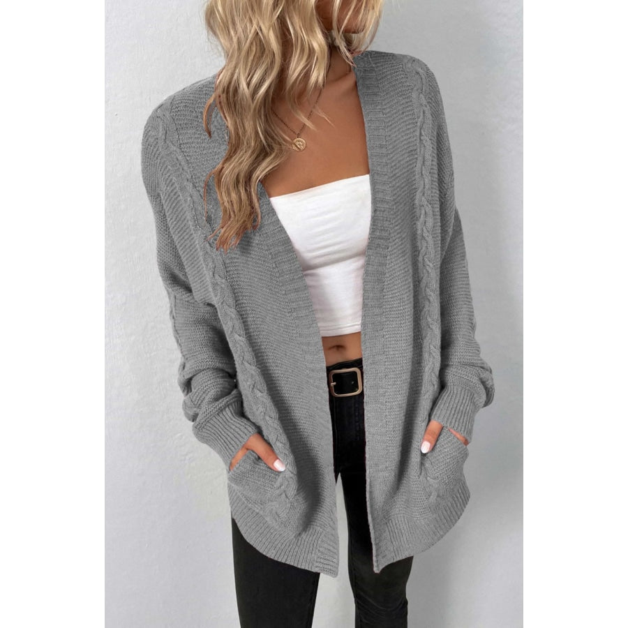 Cable-Knit Open Front Cardigan with Pockets Charcoal / S