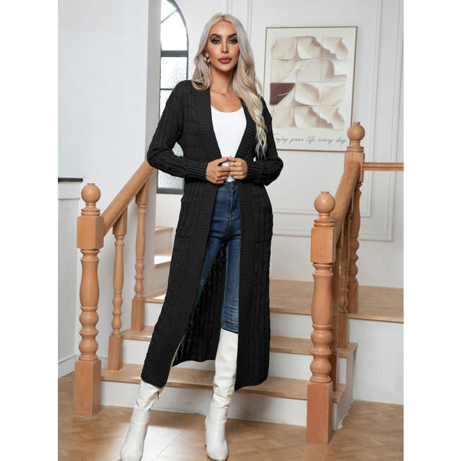 Cable-Knit Open Front Cardigan with Pockets Clothing