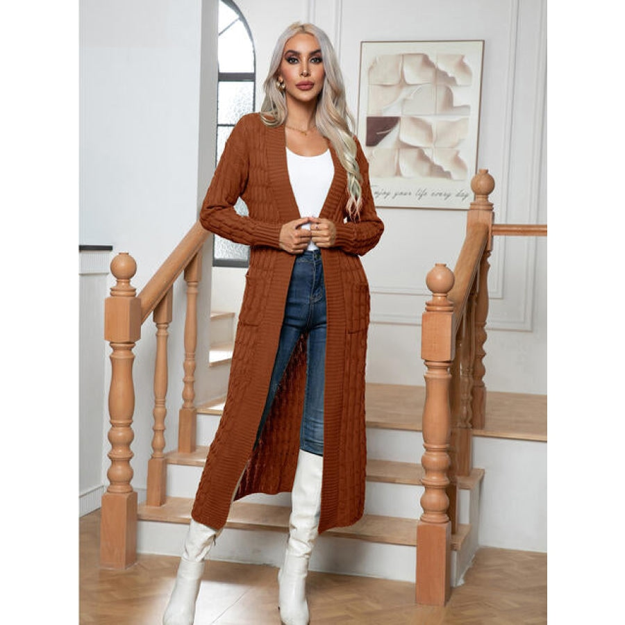 Cable-Knit Open Front Cardigan with Pockets Clothing