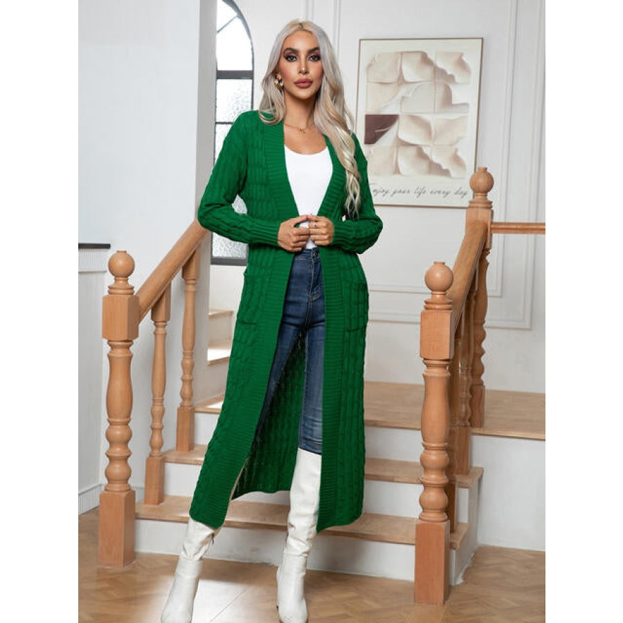 Cable-Knit Open Front Cardigan with Pockets Green / S Clothing